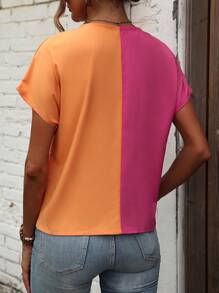 SHEIN LUNE Two Tone Twist Front Batwing Sleeve Blouse - Multicolor - View 2