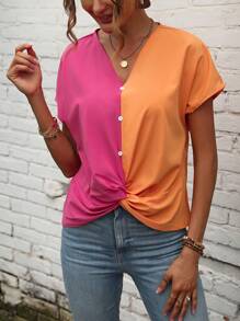 SHEIN LUNE Two Tone Twist Front Batwing Sleeve Blouse - Multicolor - View 3