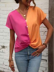 SHEIN LUNE Two Tone Twist Front Batwing Sleeve Blouse - Multicolor - View 5