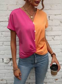 SHEIN LUNE Two Tone Twist Front Batwing Sleeve Blouse - Multicolor - View 6