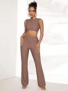 SHEIN SXY Chất rắn Crop Tank Top & Quần ống loe - màu nâu - Xem 1
