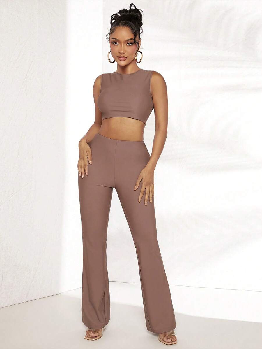 SHEIN SXY Chất rắn Crop Tank Top & Quần ống loe - màu nâu - Xem 1