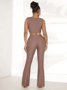 SHEIN SXY Chất rắn Crop Tank Top & Quần ống loe - màu nâu - Xem 2