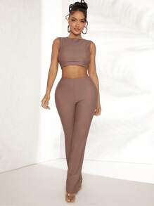 SHEIN SXY Chất rắn Crop Tank Top & Quần ống loe - màu nâu - Xem 3