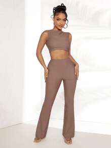 SHEIN SXY Chất rắn Crop Tank Top & Quần ống loe - màu nâu - Xem 4