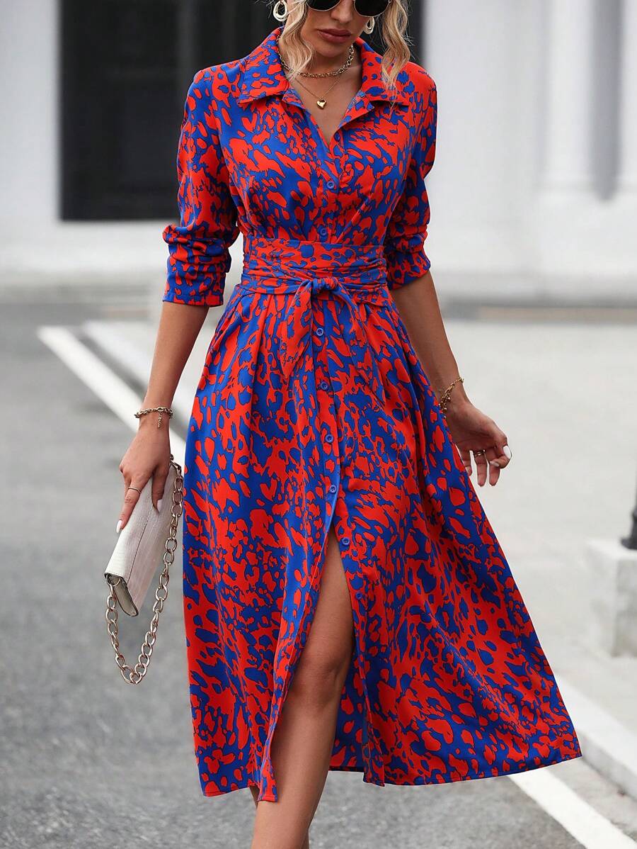 SHEIN LUNE Allover Print Belted Shirt Dress Maxi Women Outfit Fall Cloth For Women