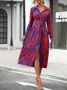 SHEIN LUNE Allover Print Belted Shirt Dress Maxi Women Outfit Fall Cloth For Women