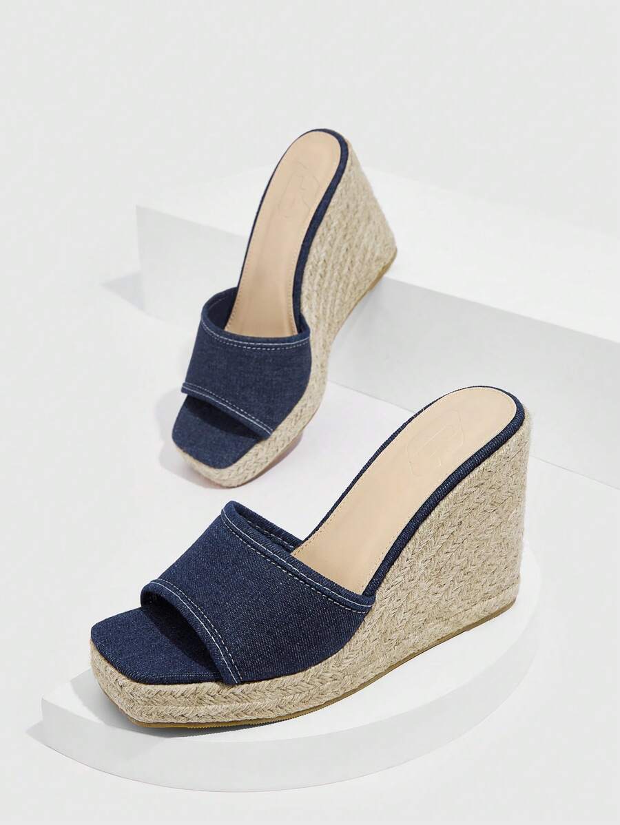 Styleloop 女士極簡坡跟涼鞋,度假織物華麗復古藍色涼鞋 - 寶藍色 - 查看 1