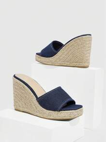 Styleloop 女士極簡坡跟涼鞋,度假織物華麗復古藍色涼鞋 - 寶藍色 - 查看 4