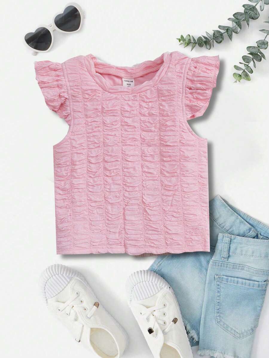 SHEIN 小女童荷葉邊T恤 - 淺粉色 - 查看 1