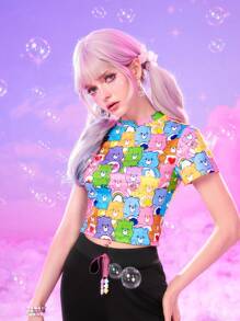 ROMWE X Care Bears 卡通图案短款 T 恤，学校 - 彩色 - 查看 4