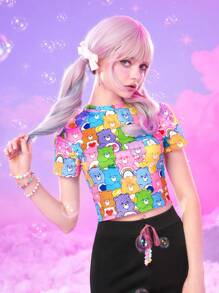 ROMWE X Care Bears 卡通图案短款 T 恤，学校 - 彩色 - 查看 6