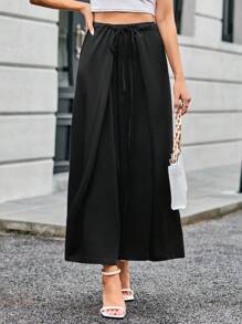SHEIN Privé 素色前繫帶闊腿褲 - 黑色 - 查看 1