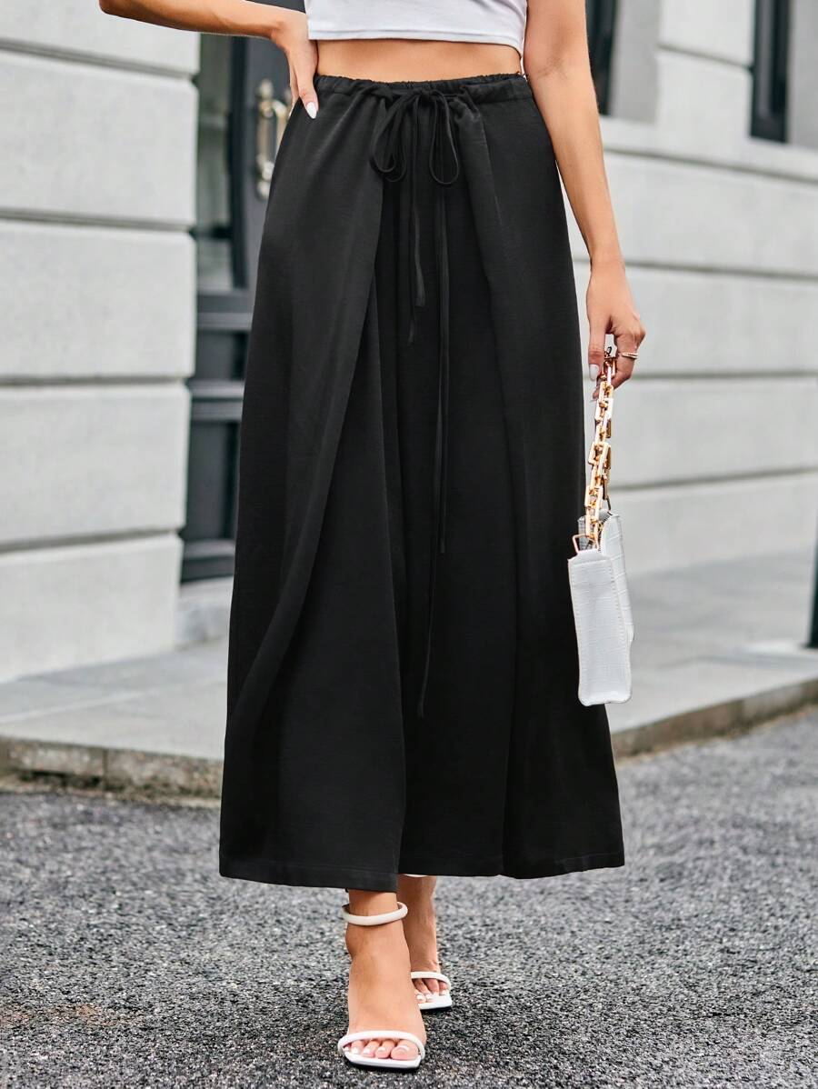 SHEIN Privé 素色前繫帶闊腿褲 - 黑色 - 查看 1