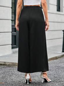 SHEIN Privé 素色前繫帶闊腿褲 - 黑色 - 查看 2