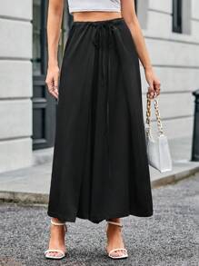 SHEIN Privé 素色前繫帶闊腿褲 - 黑色 - 查看 4