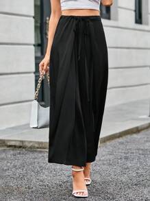 SHEIN Privé 素色前繫帶闊腿褲 - 黑色 - 查看 5