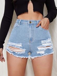 SHEIN ICON Ripped Raw Hem Denim Shorts - Light Wash - View 3