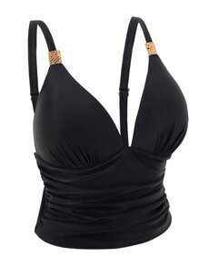 Swim DD+ 纯色褶皱聚拢比基尼套装夏季海滩 - 黑色 - 查看 6