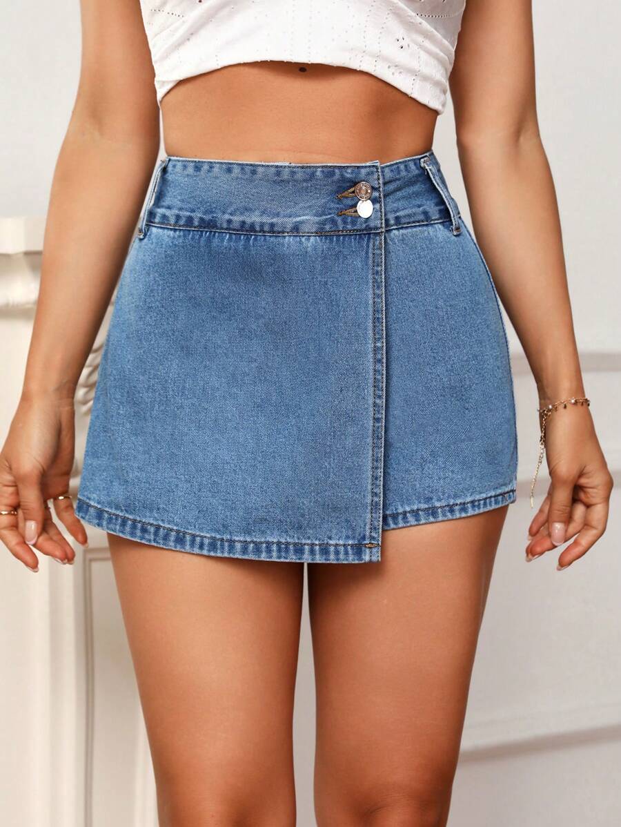 圍裹下擺牛仔裙褲 - 淺色水洗藍 - 查看 1