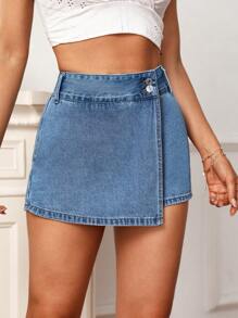 圍裹下擺牛仔裙褲 - 淺色水洗藍 - 查看 3