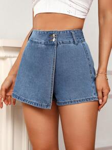 圍裹下擺牛仔裙褲 - 淺色水洗藍 - 查看 5