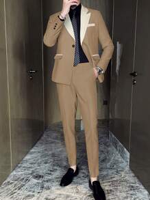 Manfinity Mode 男士拼接面單釦西裝外套&西裝褲 - 杏色 - 查看 2