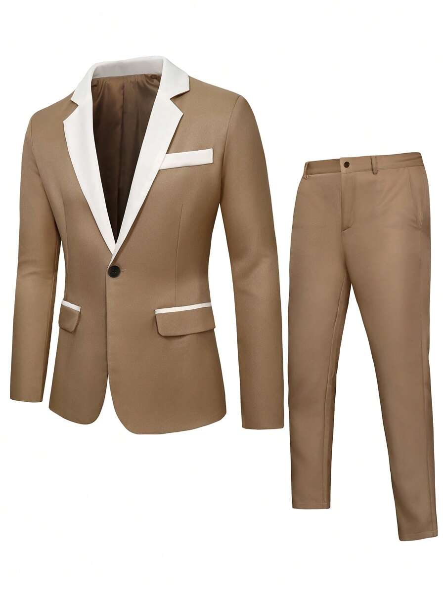 Manfinity Mode 男士拼接面單釦西裝外套&西裝褲 - 杏色 - 查看 1