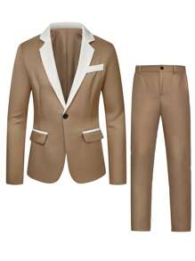 Manfinity Mode 男士拼接面單釦西裝外套&西裝褲 - 杏色 - 查看 3