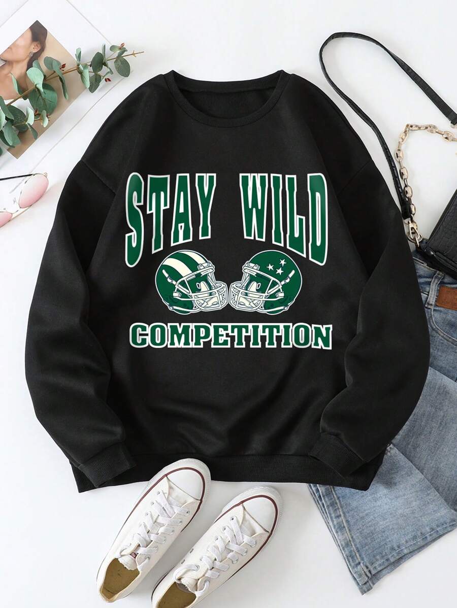 SHEIN EZwear Đồ họa Chữ cái Lót nhiệt Áo nỉ - màu đen - Xem 1