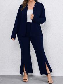 SHEIN Clasi Plus Solid Open Front Blazer & Split Hem Pants - Navy Blue - View 1