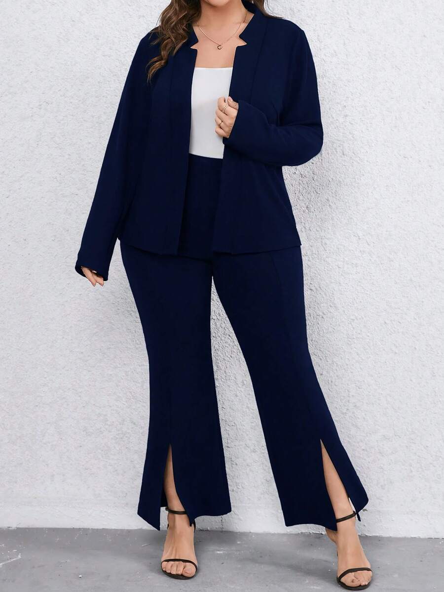 SHEIN Clasi Plus Solid Open Front Blazer & Split Hem Pants - Navy Blue - View 1