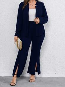 SHEIN Clasi Plus Solid Open Front Blazer & Split Hem Pants - Navy Blue - View 4