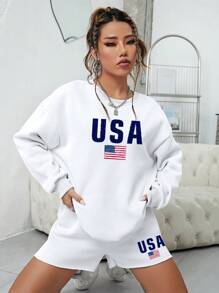 INAWLY Hình ảnh lá cờ và chữ cái của Mỹ Thả vai Áo thể thao và quần đùi - trắng - Xem 4