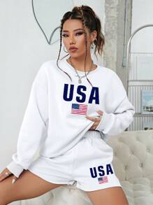 INAWLY Hình ảnh lá cờ và chữ cái của Mỹ Thả vai Áo thể thao và quần đùi - trắng - Xem 5