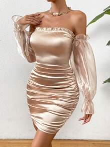 Allurite 一字肩網紗拼接喇叭袖褶邊緊身連衣裙 - 香檳色 - 查看 5