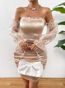 Allurite 一字肩網紗拼接喇叭袖褶邊緊身連衣裙 - 香檳色 - 查看 3