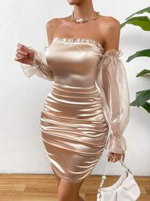 Allurite 一字肩網紗拼接喇叭袖褶邊緊身連衣裙 - 香檳色 - 查看 6