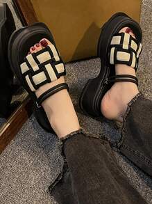 女士厚底坡跟凉鞋 舒适露趾拖鞋 - 米色 - 查看 3