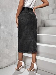 High Waist Split Thigh Denim Skirt - Black - View 2