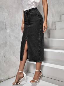 High Waist Split Thigh Denim Skirt - Black - View 3
