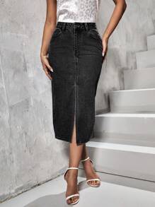 High Waist Split Thigh Denim Skirt - Black - View 4