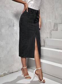 High Waist Split Thigh Denim Skirt - Black - View 5