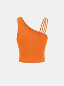 SHEIN Tank Tops & Camis Bé Gái Gân đan Bất đối xứng màu trơn Giải trí - trái cam - Xem 2