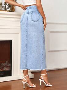 SHEIN Frenchy 高腰毛邊高衩牛仔半身裙 - 淺色水洗藍 - 查看 2