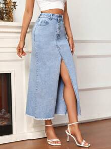SHEIN Frenchy 高腰毛邊高衩牛仔半身裙 - 淺色水洗藍 - 查看 3