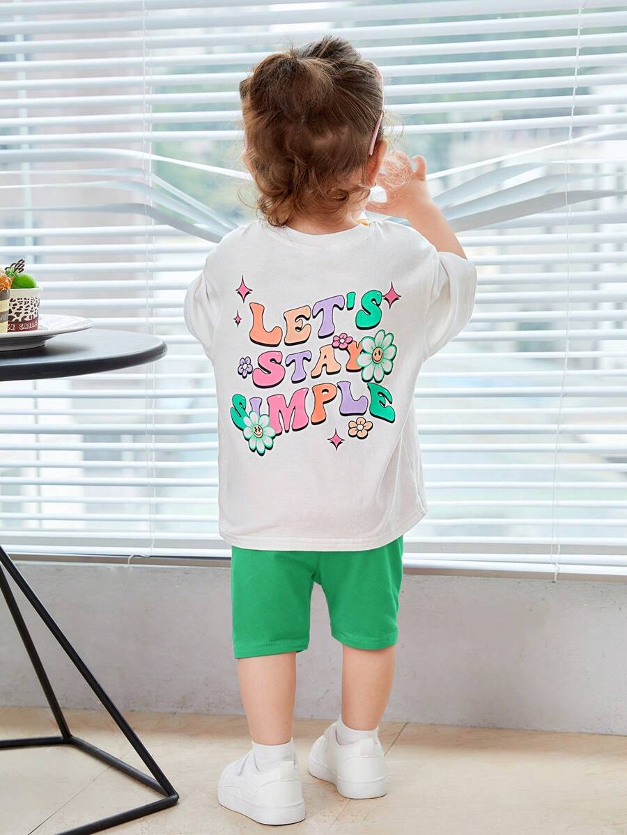SHEIN Đứa bé gái Đồ họa Khẩu hiệu Áo thun & quần đùi - Nhiều màu - Xem 1