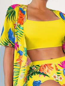 SHEIN Swim Tropical Print Bikini Set With Kimono,Summer Beach