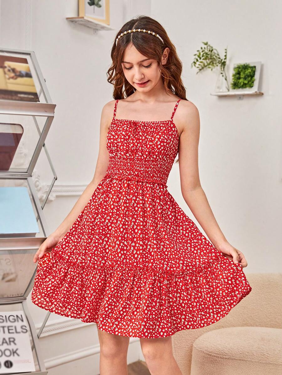 SHEIN Teen Girl Ditsy Floral Print Ruffle Hem Cami Dress - Red and White - View 1