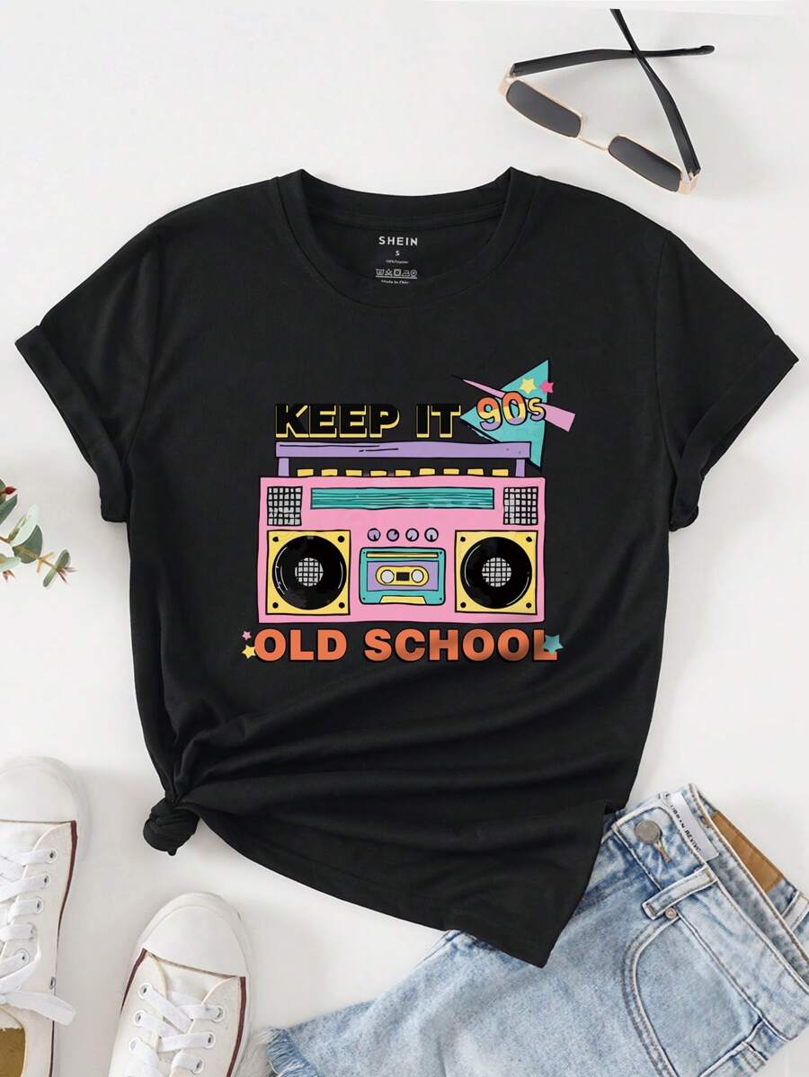 SHEIN EZwear Băng âm thanh Và Đồ họa Chữ cái Áo thun - màu đen - Xem 1